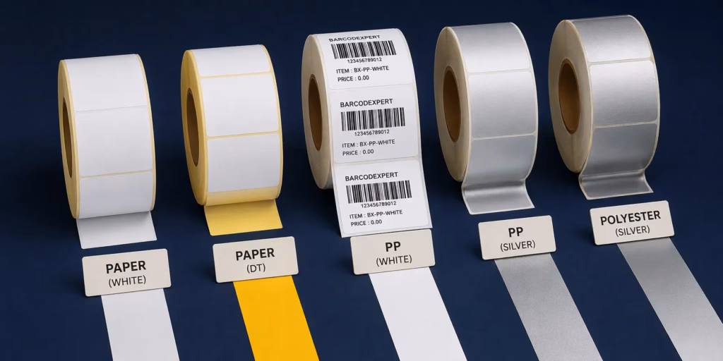 สติ๊กเกอร์ม้วน (Roll StickerLabel) — ครบทุกวัสดุ กระดาษ PP Polyester PVC พิมพ์บาร์โค้ดได้ 